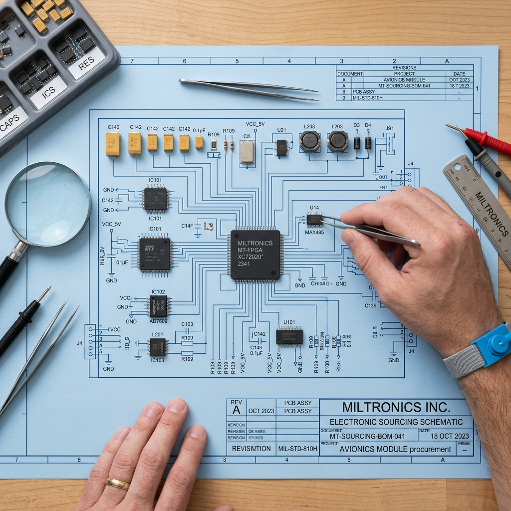 A professional photograph of electronic components on a technical blueprint for industrial sourcing.